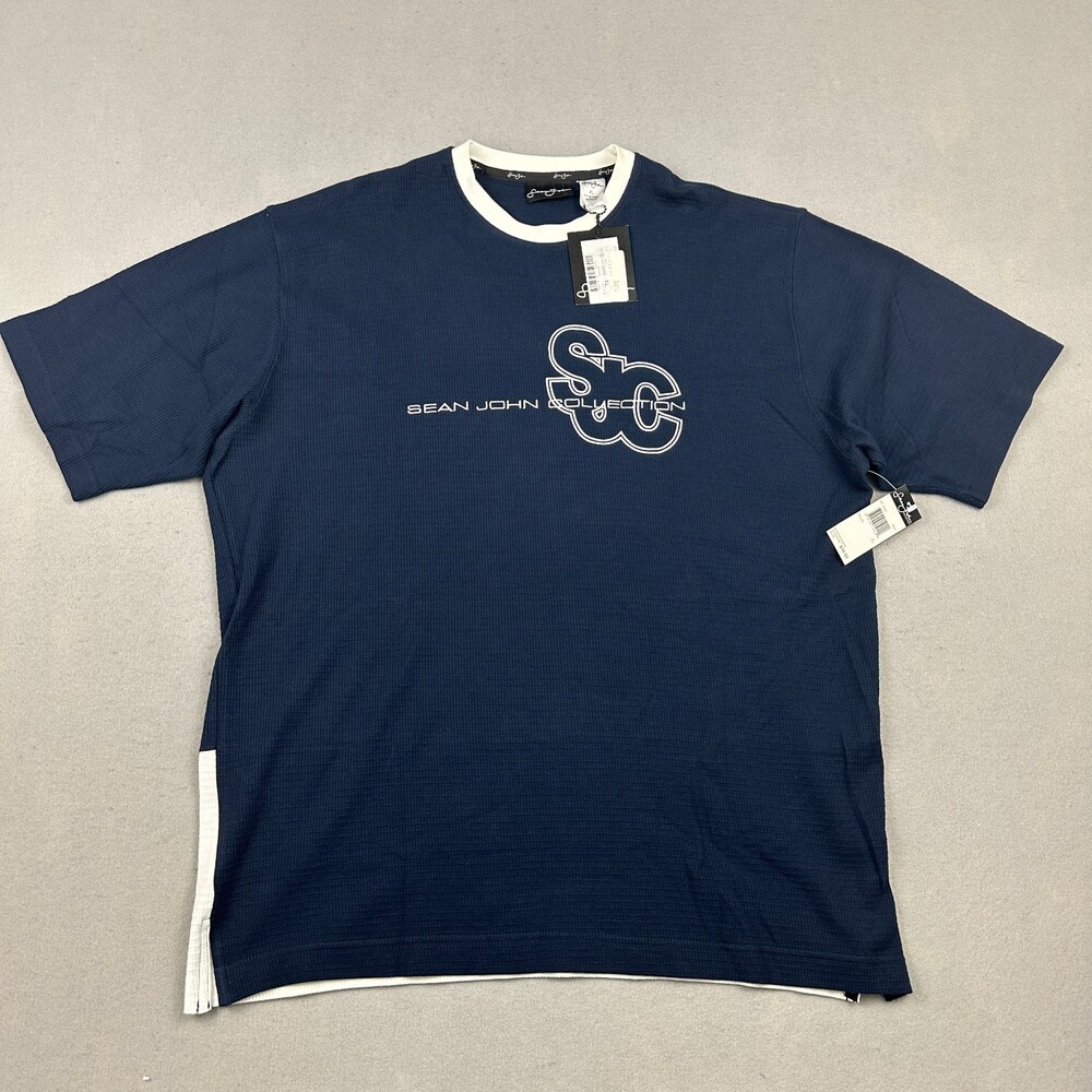 Vintage Sean John T-Shirt Men XL Navy Blue Thermal Waffle Knit SJC Y2K Deadstock